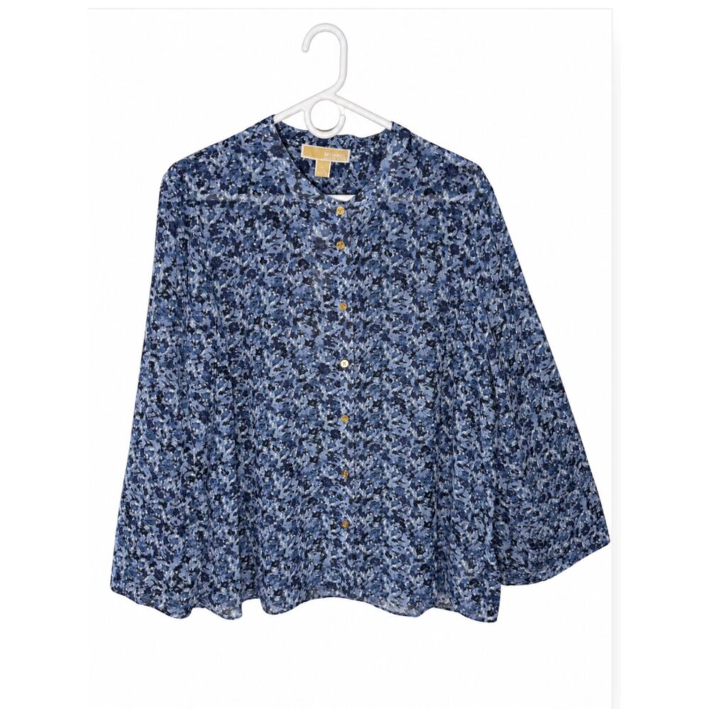 NWT Michael Kors XL Admiral Blue Abstract Print Gold Logo Buttons Front Blouse